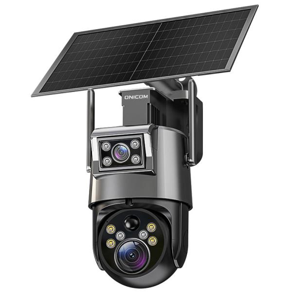 Camera de supraveghere dubla WiFi cu panou solar, 20X ZOOM optic, exterior/interior, rotire, leduri lumina, comunicare bidirectionala, alarma, acumulatori incorporati